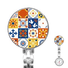 Mexican-talavera-pattern-ceramic-tiles-with-flower-leaves-bird-ornaments-traditional-majolica-style- Stainless Steel Nurses Watch by uniart180623