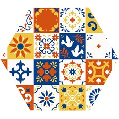 Mexican-talavera-pattern-ceramic-tiles-with-flower-leaves-bird-ornaments-traditional-majolica-style- Wooden Puzzle Hexagon by uniart180623