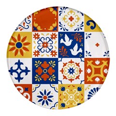 Mexican-talavera-pattern-ceramic-tiles-with-flower-leaves-bird-ornaments-traditional-majolica-style- Round Glass Fridge Magnet (4 Pack) by uniart180623