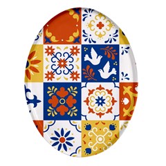 Mexican-talavera-pattern-ceramic-tiles-with-flower-leaves-bird-ornaments-traditional-majolica-style- Oval Glass Fridge Magnet (4 Pack) by uniart180623