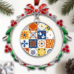 Mexican-talavera-pattern-ceramic-tiles-with-flower-leaves-bird-ornaments-traditional-majolica-style- Metal X mas Wreath Ribbon Ornament by uniart180623