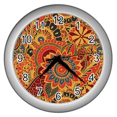 Bright-seamless-pattern-with-paisley-mehndi-elements-hand-drawn-wallpaper-with-floral-traditional Wall Clock (silver) by uniart180623