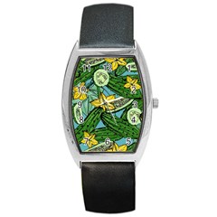 Seamless-pattern-with-cucumber-slice-flower-colorful-hand-drawn-background-with-vegetables-wallpaper Barrel Style Metal Watch by uniart180623