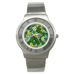 Seamless-pattern-with-cucumber-slice-flower-colorful-hand-drawn-background-with-vegetables-wallpaper Stainless Steel Watch by uniart180623