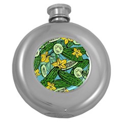 Seamless-pattern-with-cucumber-slice-flower-colorful-hand-drawn-background-with-vegetables-wallpaper Round Hip Flask (5 Oz) by uniart180623