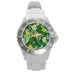 Seamless-pattern-with-cucumber-slice-flower-colorful-hand-drawn-background-with-vegetables-wallpaper Round Plastic Sport Watch (l) by uniart180623