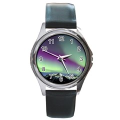 Aurora Stars Sky Mountains Snow Aurora Borealis Round Metal Watch by uniart180623