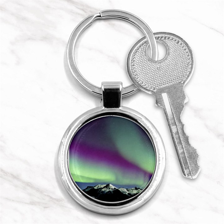 Aurora Stars Sky Mountains Snow Aurora Borealis Key Chain (Round)