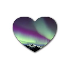 Aurora Stars Sky Mountains Snow Aurora Borealis Rubber Coaster (heart) by uniart180623