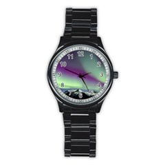 Aurora Stars Sky Mountains Snow Aurora Borealis Stainless Steel Round Watch by uniart180623