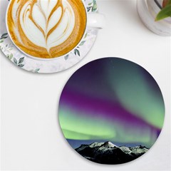 Aurora Stars Sky Mountains Snow Aurora Borealis Uv Print Round Tile Coaster by uniart180623