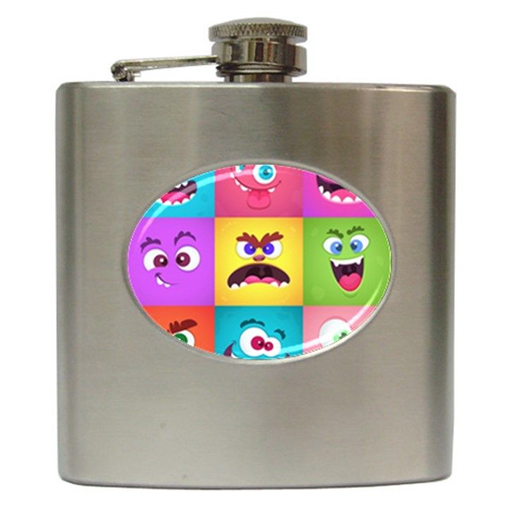 Monsters-emotions-scary-faces-masks-with-mouth-eyes-aliens-monsters-emoticon-set Hip Flask (6 oz)