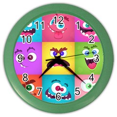 Monsters-emotions-scary-faces-masks-with-mouth-eyes-aliens-monsters-emoticon-set Color Wall Clock by uniart180623