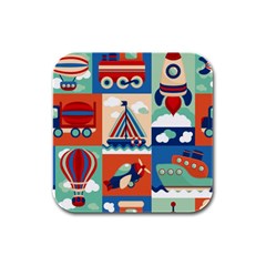 Toy-transport-cartoon-seamless-pattern-with-airplane-aerostat-sail-yacht-vector-illustration Rubber Square Coaster (4 Pack) by uniart180623