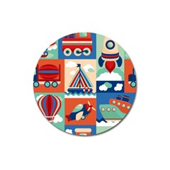 Toy-transport-cartoon-seamless-pattern-with-airplane-aerostat-sail-yacht-vector-illustration Magnet 3  (round) by uniart180623