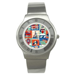 Toy-transport-cartoon-seamless-pattern-with-airplane-aerostat-sail-yacht-vector-illustration Stainless Steel Watch by uniart180623