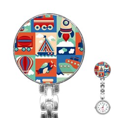 Toy-transport-cartoon-seamless-pattern-with-airplane-aerostat-sail-yacht-vector-illustration Stainless Steel Nurses Watch by uniart180623