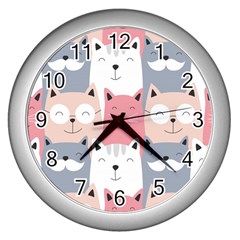 Cute Seamless Pattern With Cats Wall Clock (silver) by uniart180623