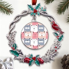 Cute Seamless Pattern With Cats Metal X mas Wreath Holly Leaf Ornament