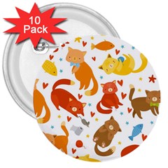 Seamless Pattern With Kittens White Background 3  Buttons (10 Pack)  by uniart180623