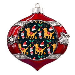 Funny Christmas Pattern Background Metal Snowflake And Bell Red Ornament