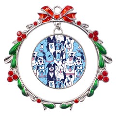 Dogs Seamless Pattern Metal X mas Wreath Ribbon Ornament by uniart180623