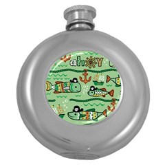 Seamless Pattern Fishes Pirates Cartoon Round Hip Flask (5 Oz) by uniart180623