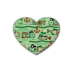 Seamless Pattern Fishes Pirates Cartoon Rubber Heart Coaster (4 Pack) by uniart180623