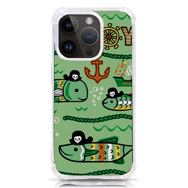 Seamless Pattern Fishes Pirates Cartoon iPhone 14 Pro TPU UV Print Case