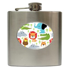 Seamless-pattern-vector-with-animals-cartoon Hip Flask (6 Oz) by uniart180623