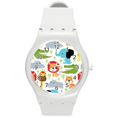 Seamless-pattern-vector-with-animals-cartoon Round Plastic Sport Watch (m) by uniart180623