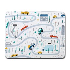 Cute-children-s-seamless-pattern-with-cars-road-park-houses-white-background-illustration-town Small Mousepad by uniart180623