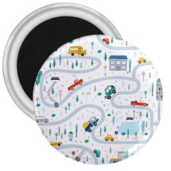 Cute-children-s-seamless-pattern-with-cars-road-park-houses-white-background-illustration-town 3  Magnets by uniart180623