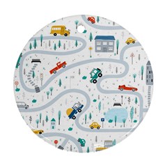 Cute-children-s-seamless-pattern-with-cars-road-park-houses-white-background-illustration-town Ornament (round) by uniart180623