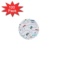 Cute-children-s-seamless-pattern-with-cars-road-park-houses-white-background-illustration-town 1  Mini Buttons (100 Pack)  by uniart180623