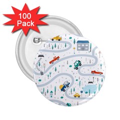 Cute-children-s-seamless-pattern-with-cars-road-park-houses-white-background-illustration-town 2 25  Buttons (100 Pack)  by uniart180623