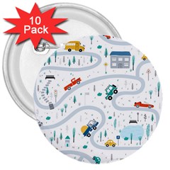 Cute-children-s-seamless-pattern-with-cars-road-park-houses-white-background-illustration-town 3  Buttons (10 Pack)  by uniart180623