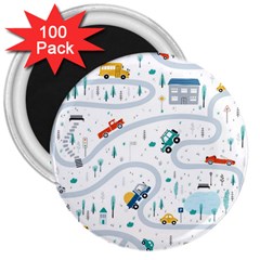 Cute-children-s-seamless-pattern-with-cars-road-park-houses-white-background-illustration-town 3  Magnets (100 Pack) by uniart180623