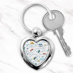 Cute-children-s-seamless-pattern-with-cars-road-park-houses-white-background-illustration-town Key Chain (heart) by uniart180623