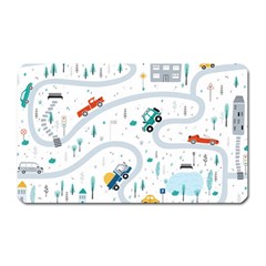 Cute-children-s-seamless-pattern-with-cars-road-park-houses-white-background-illustration-town Magnet (rectangular) by uniart180623