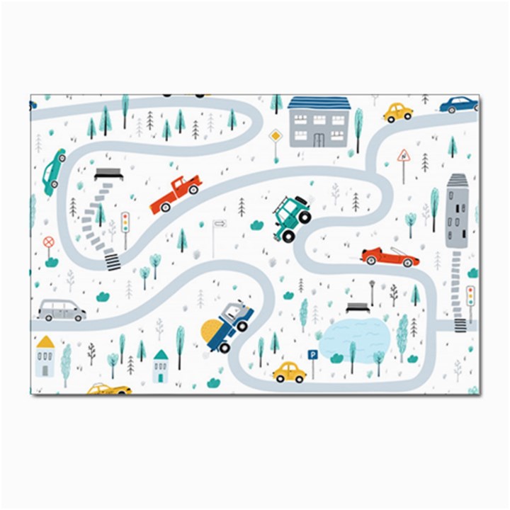 Cute-children-s-seamless-pattern-with-cars-road-park-houses-white-background-illustration-town Postcards 5  x 7  (Pkg of 10)