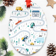 Cute-children-s-seamless-pattern-with-cars-road-park-houses-white-background-illustration-town Oval Ornament (two Sides) by uniart180623