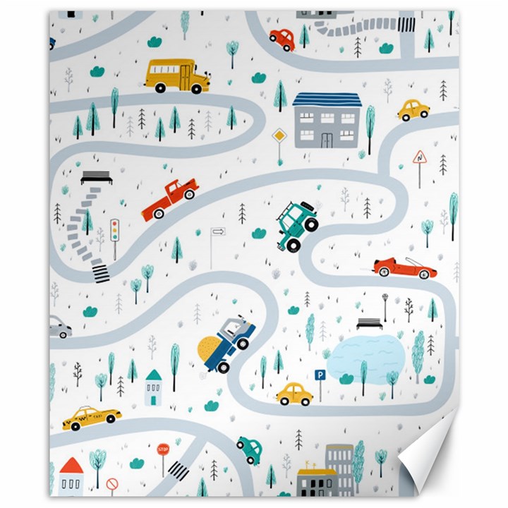 Cute-children-s-seamless-pattern-with-cars-road-park-houses-white-background-illustration-town Canvas 8  x 10 