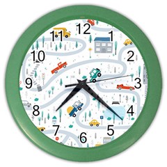 Cute-children-s-seamless-pattern-with-cars-road-park-houses-white-background-illustration-town Color Wall Clock by uniart180623