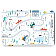 Cute-children-s-seamless-pattern-with-cars-road-park-houses-white-background-illustration-town Large Doormat by uniart180623