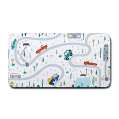 Cute-children-s-seamless-pattern-with-cars-road-park-houses-white-background-illustration-town Medium Bar Mat by uniart180623