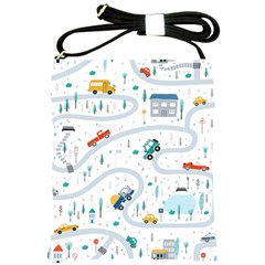 Cute-children-s-seamless-pattern-with-cars-road-park-houses-white-background-illustration-town Shoulder Sling Bag by uniart180623