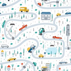 Cute-children-s-seamless-pattern-with-cars-road-park-houses-white-background-illustration-town Play Mat (square) by uniart180623