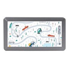 Cute-children-s-seamless-pattern-with-cars-road-park-houses-white-background-illustration-town Memory Card Reader (mini) by uniart180623