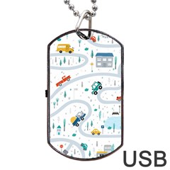 Cute-children-s-seamless-pattern-with-cars-road-park-houses-white-background-illustration-town Dog Tag Usb Flash (two Sides) by uniart180623